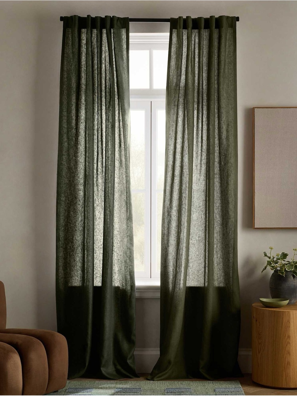 Sheer green Window Curtain Panel in Olive Green 90 inches